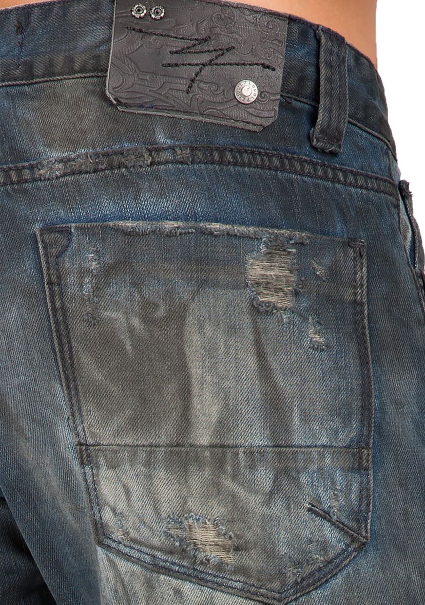 Mens Premium Jeans Slim Straight Destroyed Bleach Tainted Wash
