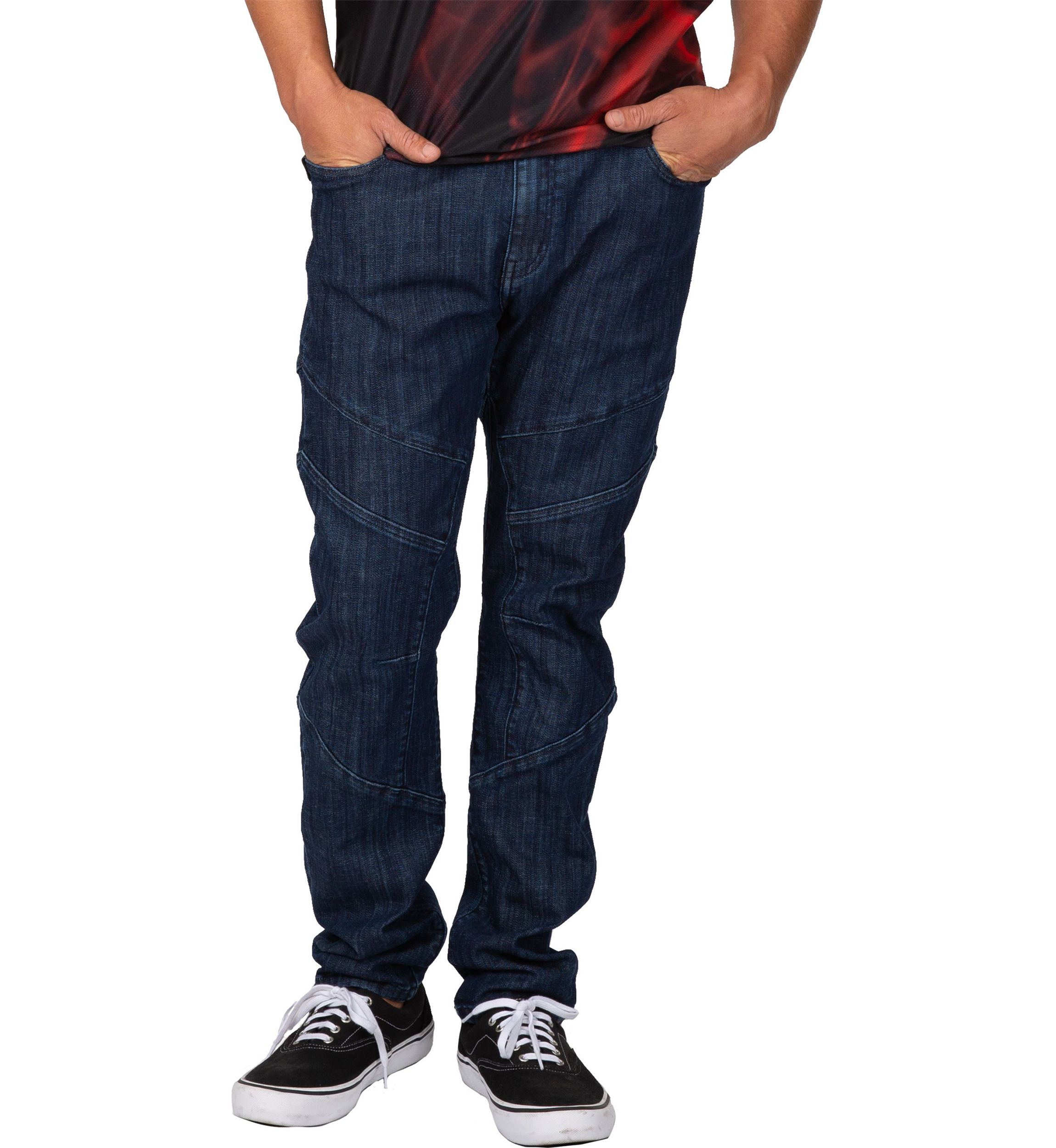 Mens Curve Leg Slim Taper Moto Jeans Blue Rinse Cut & Sewed Detail