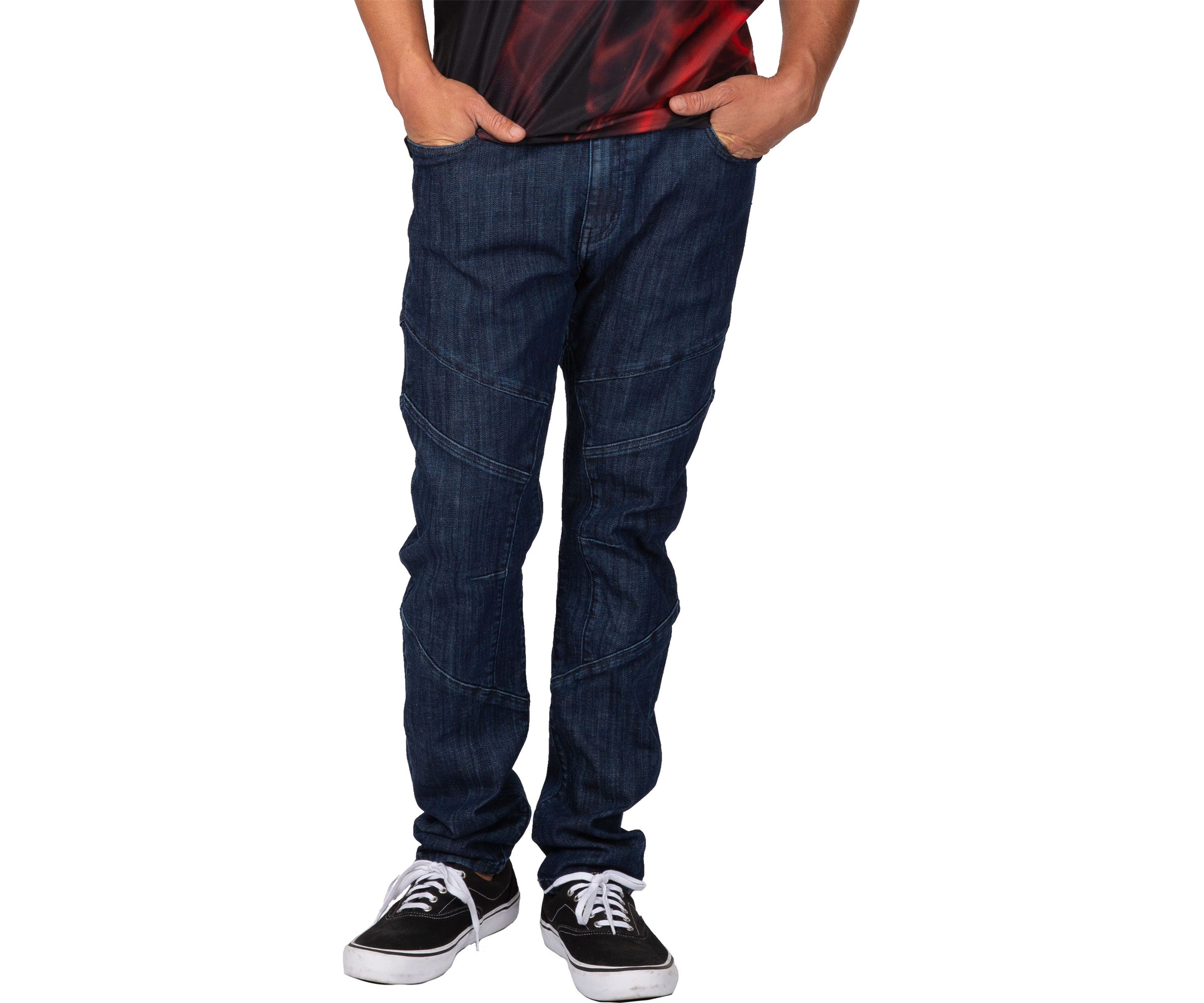 Mens Curve Leg Slim Taper Moto Jeans Blue Rinse Cut & Sewed Detail