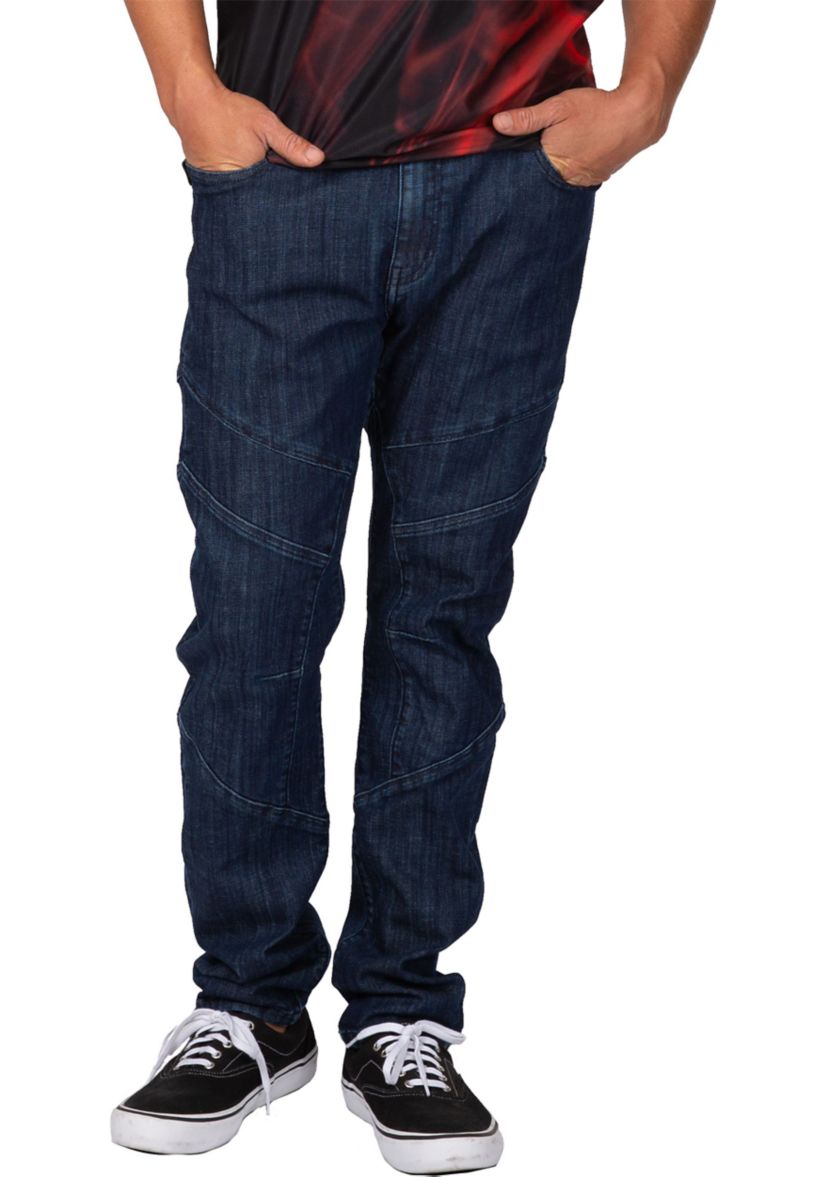 Mens Curve Leg Slim Taper Moto Jeans Blue Rinse Cut & Sewed Detail