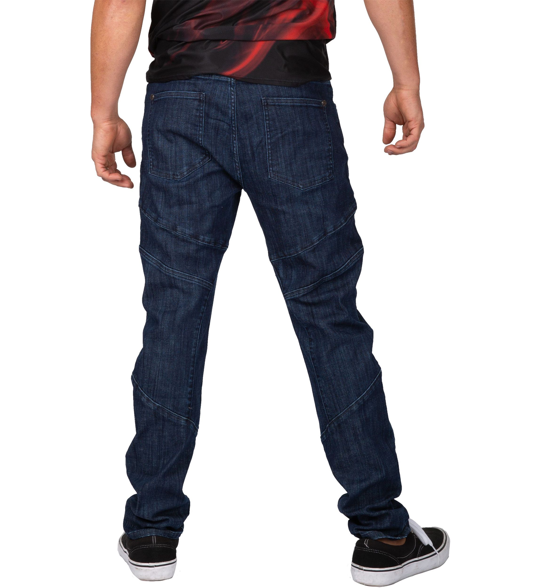 Mens Curve Leg Slim Taper Moto Jeans Blue Rinse Cut & Sewed Detail