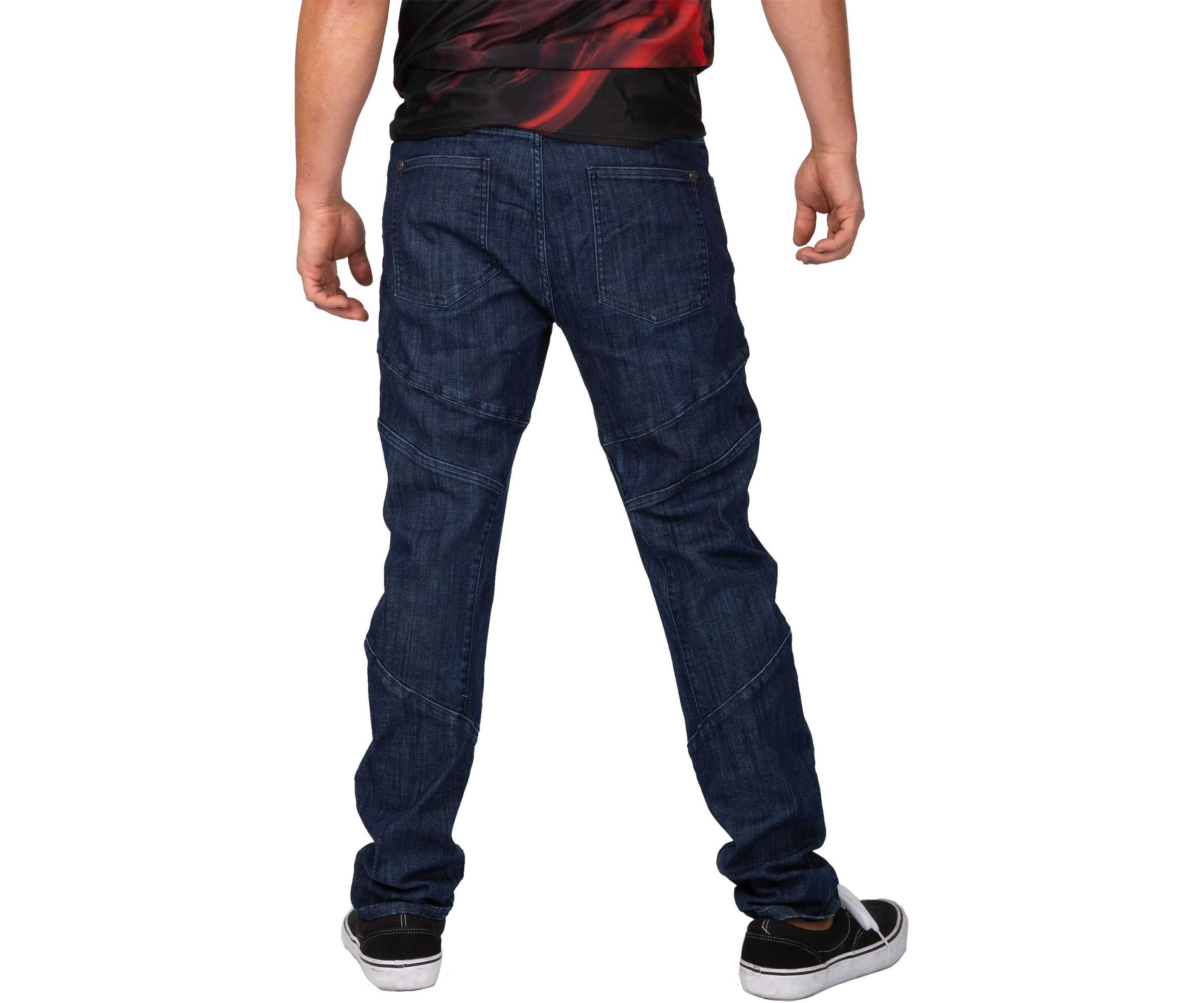Mens Curve Leg Slim Taper Moto Jeans Blue Rinse Cut & Sewed Detail