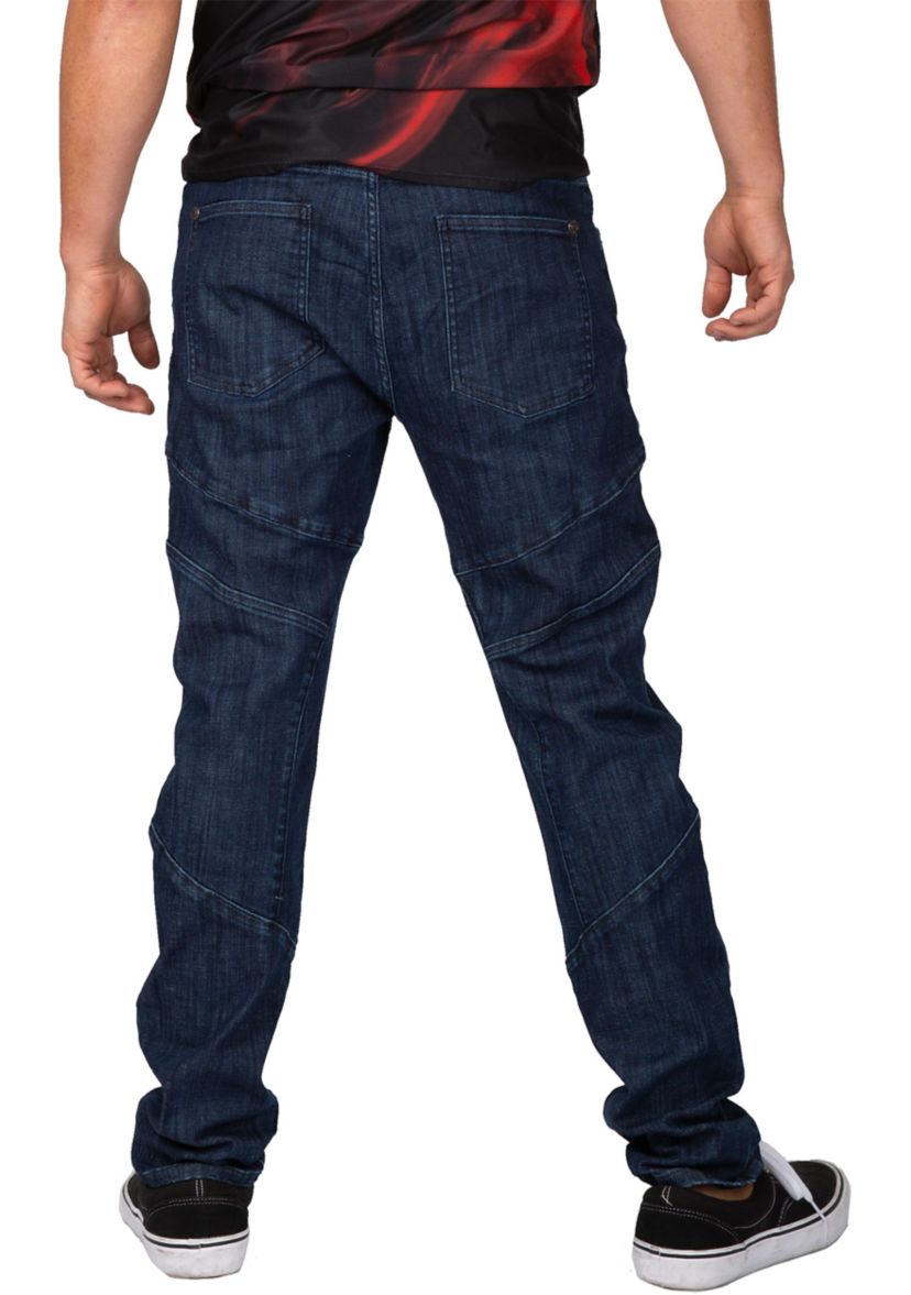Mens Curve Leg Slim Taper Moto Jeans Blue Rinse Cut & Sewed Detail