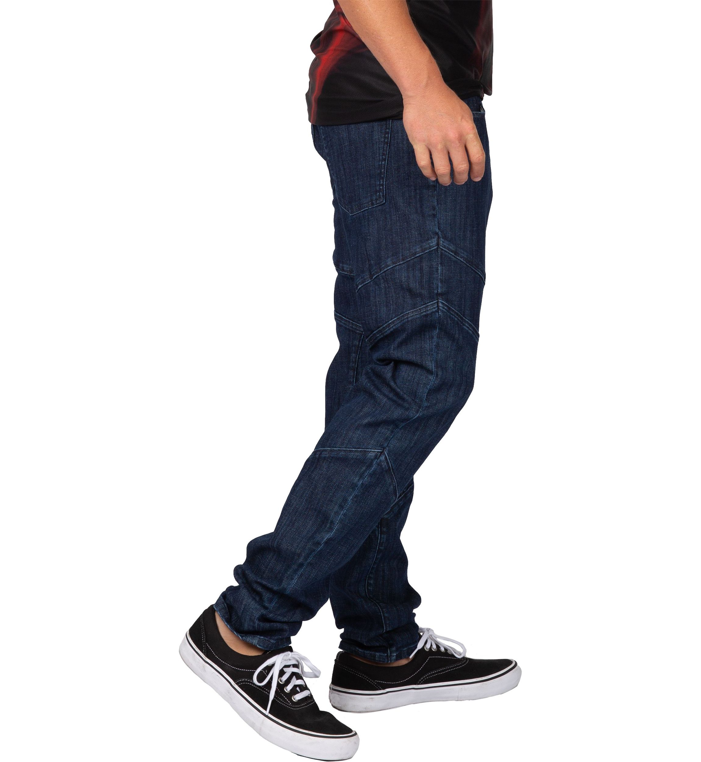 Mens Curve Leg Slim Taper Moto Jeans Blue Rinse Cut & Sewed Detail