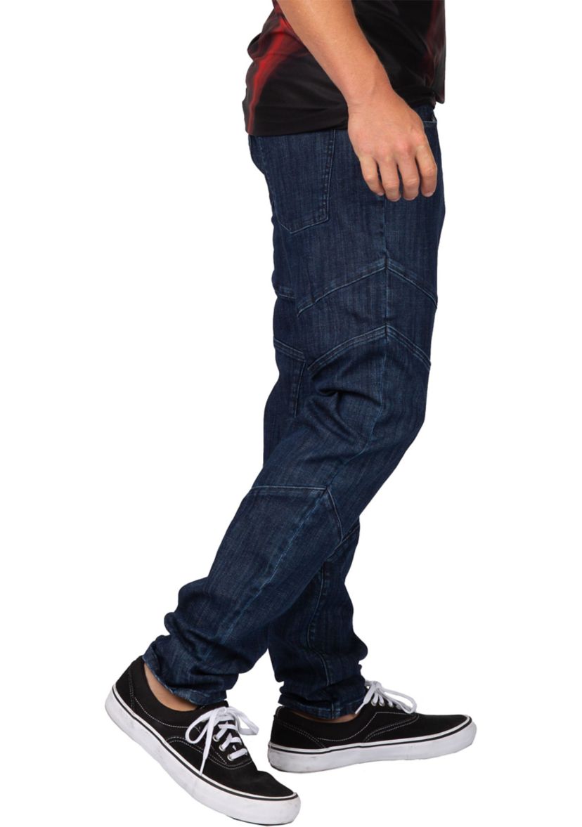 Mens Curve Leg Slim Taper Moto Jeans Blue Rinse Cut & Sewed Detail