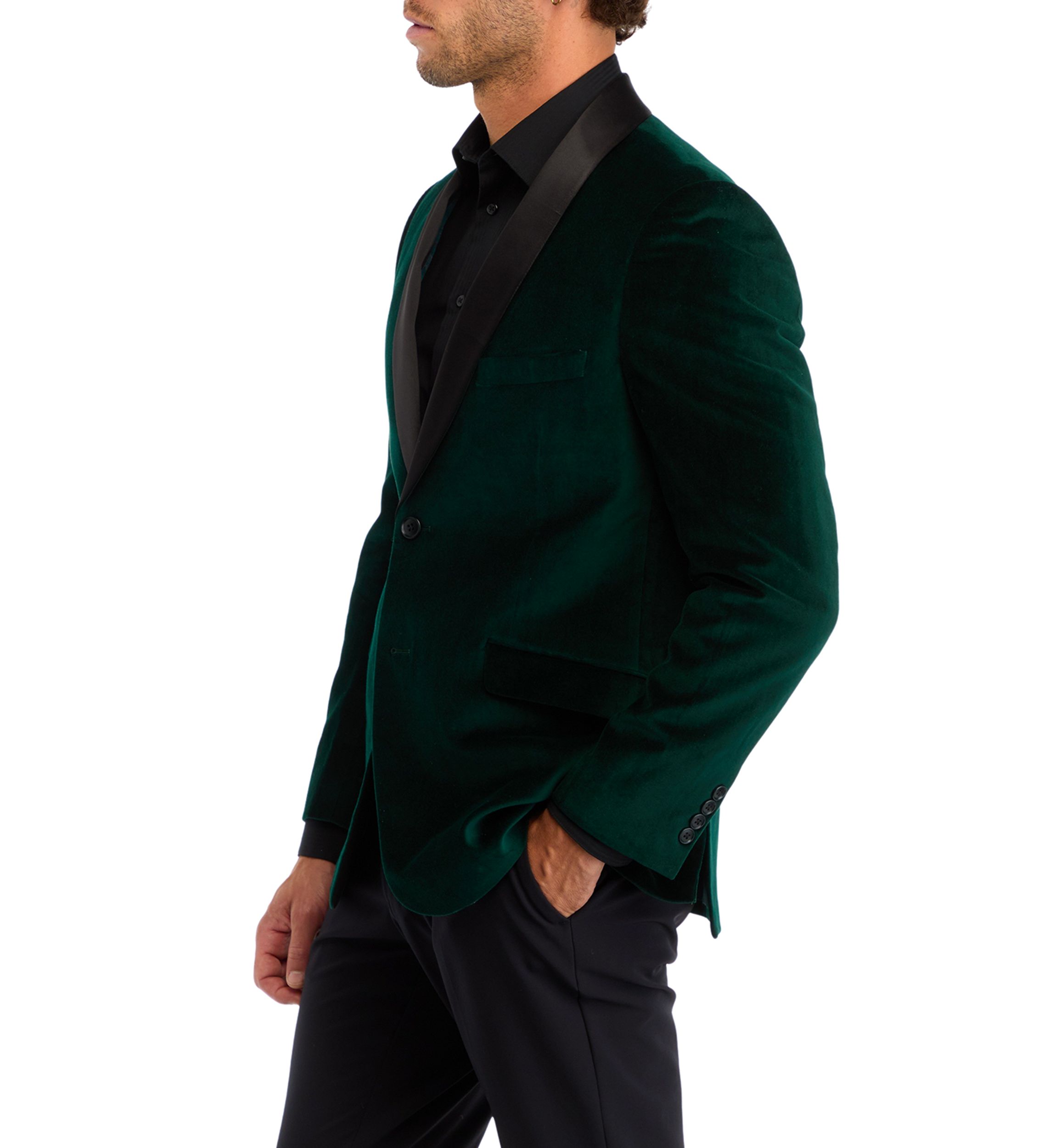 Green Velvet with Black Satin Shawl Collar Blazer