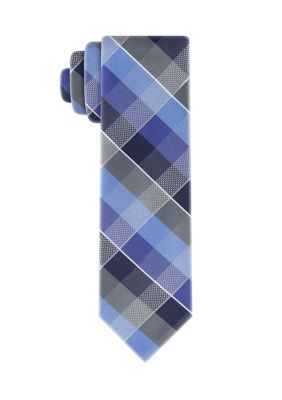 Madison Men's Silver Ground Textured Plaid Tie, Navy Blue, 58