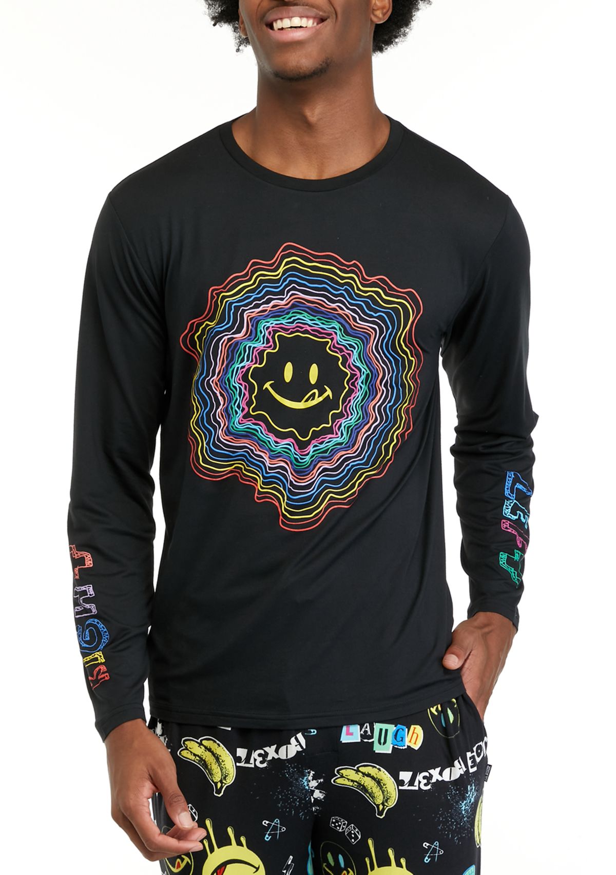 Mens Long Sleeve Sueded Printed Crew Neck Pajama Top