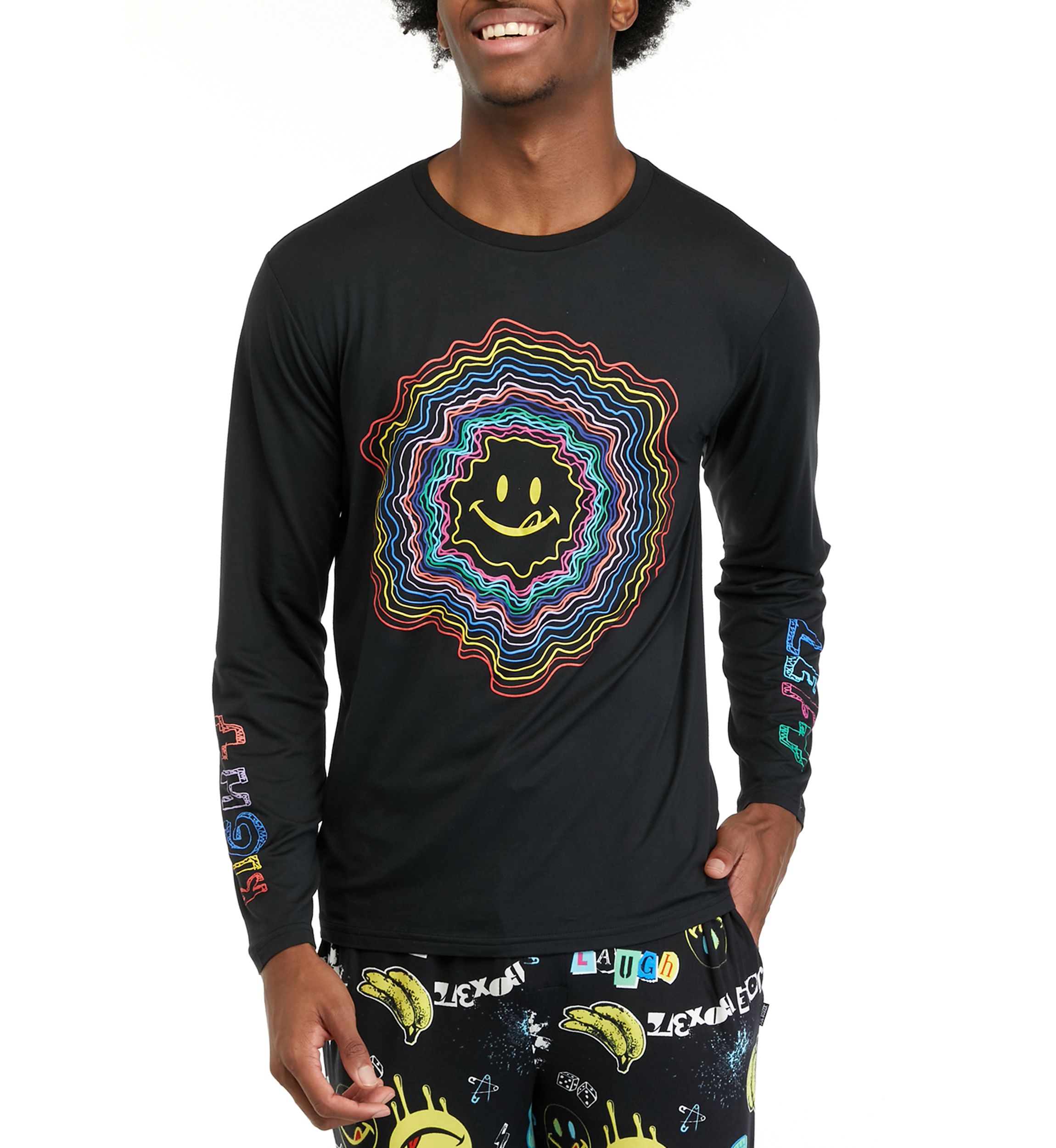 Mens Long Sleeve Sueded Printed Crew Neck Pajama Top