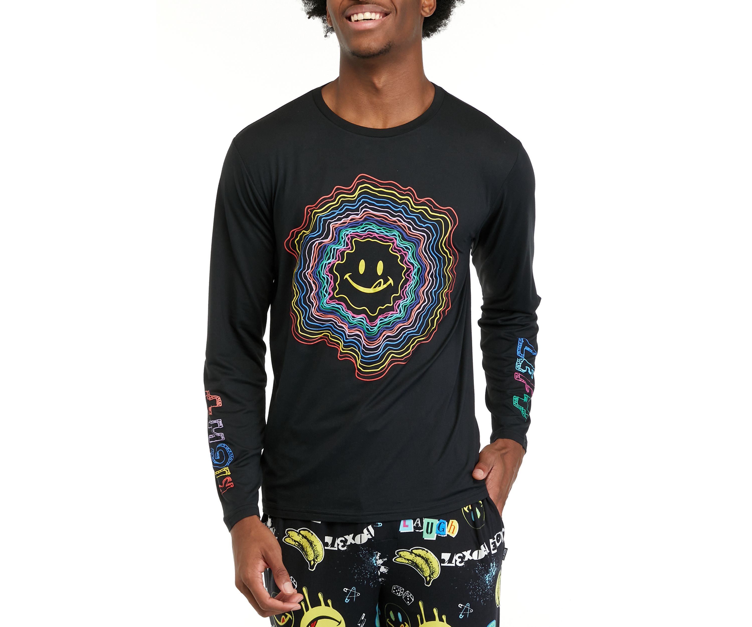 Mens Long Sleeve Sueded Printed Crew Neck Pajama Top