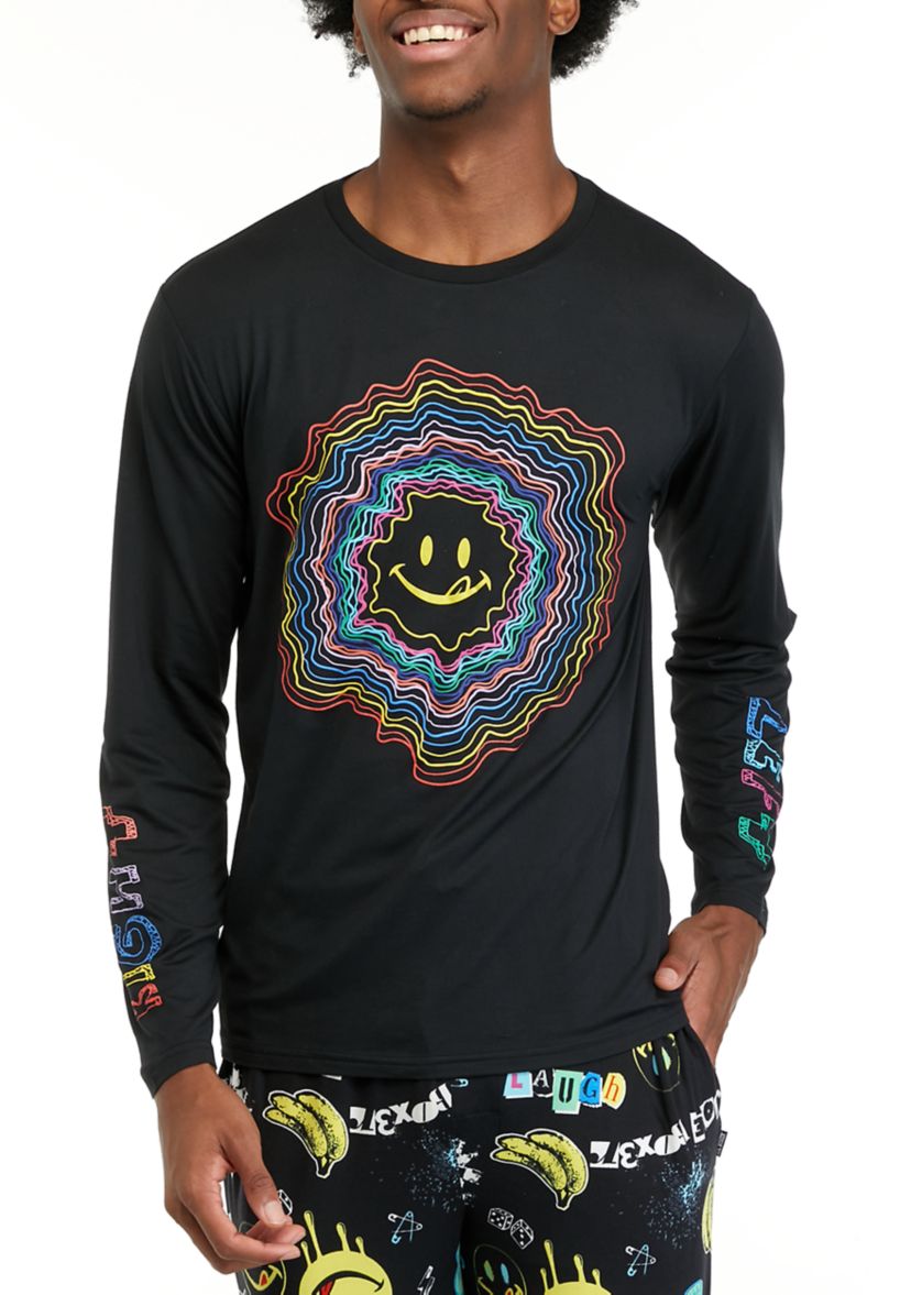 Mens Long Sleeve Sueded Printed Crew Neck Pajama Top