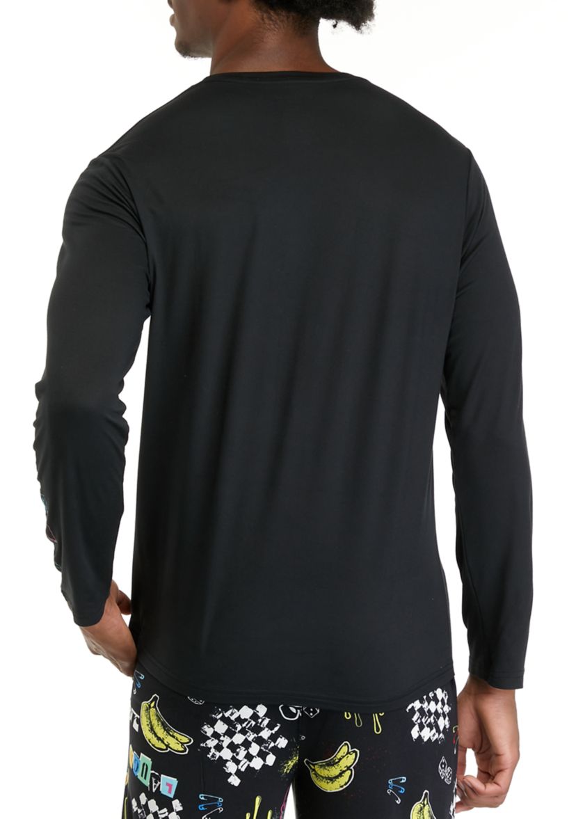 Mens Long Sleeve Sueded Printed Crew Neck Pajama Top