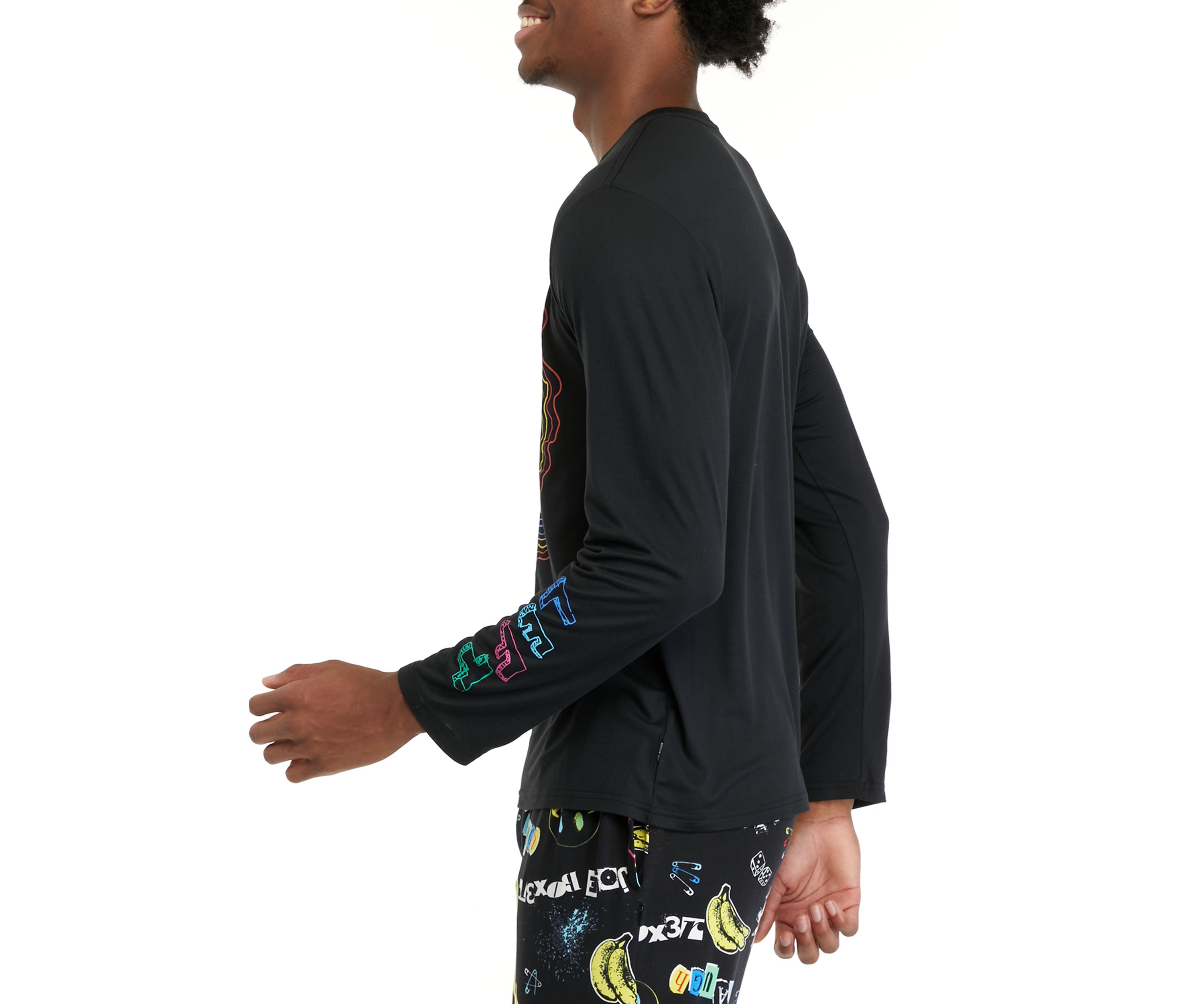 Mens Long Sleeve Sueded Printed Crew Neck Pajama Top