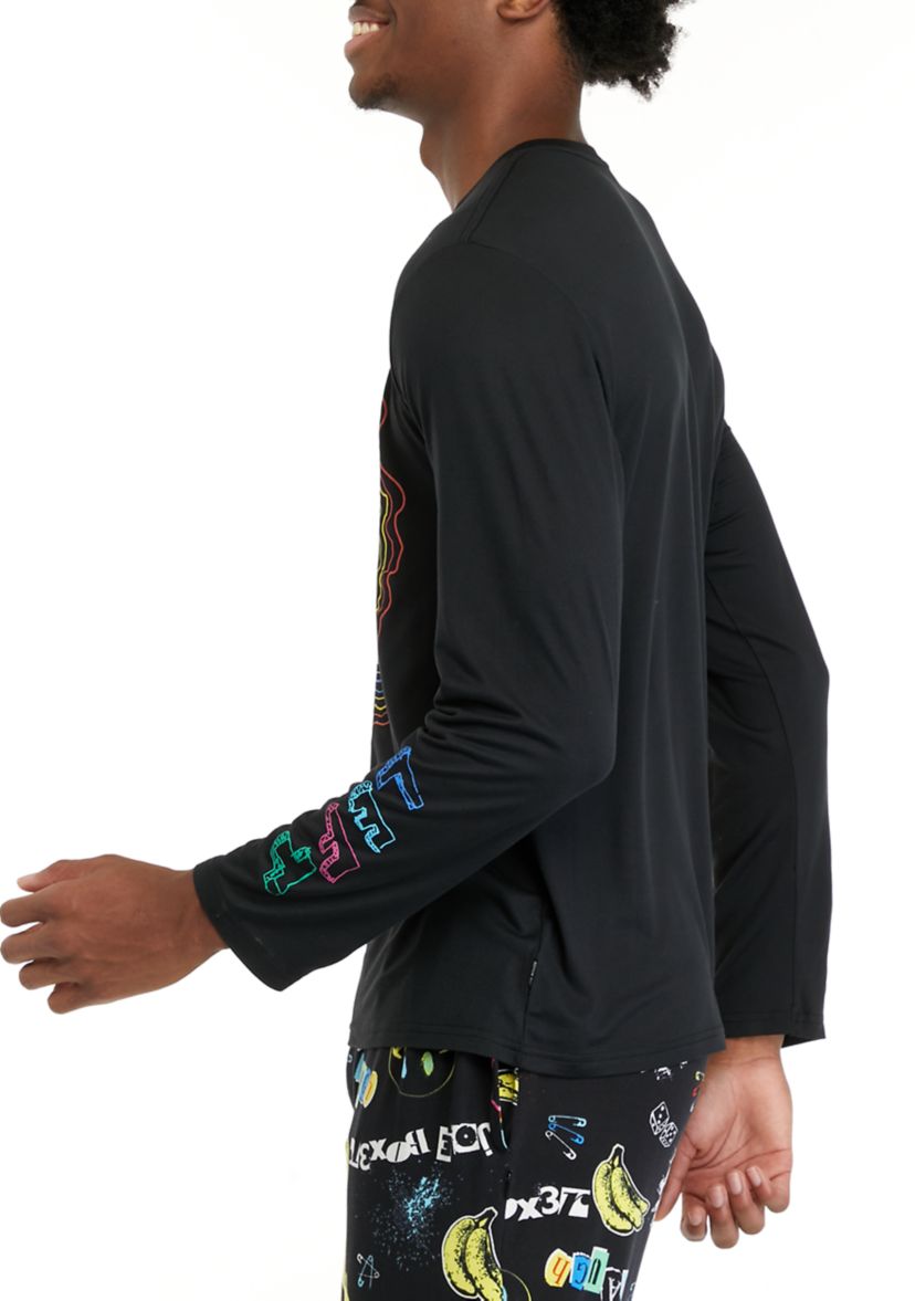 Mens Long Sleeve Sueded Printed Crew Neck Pajama Top