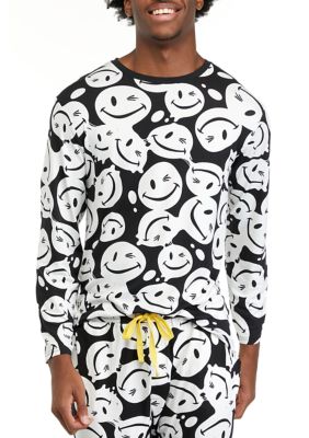 Men's Long Sleeve Sueded Printed Crew Neck Pajama Top