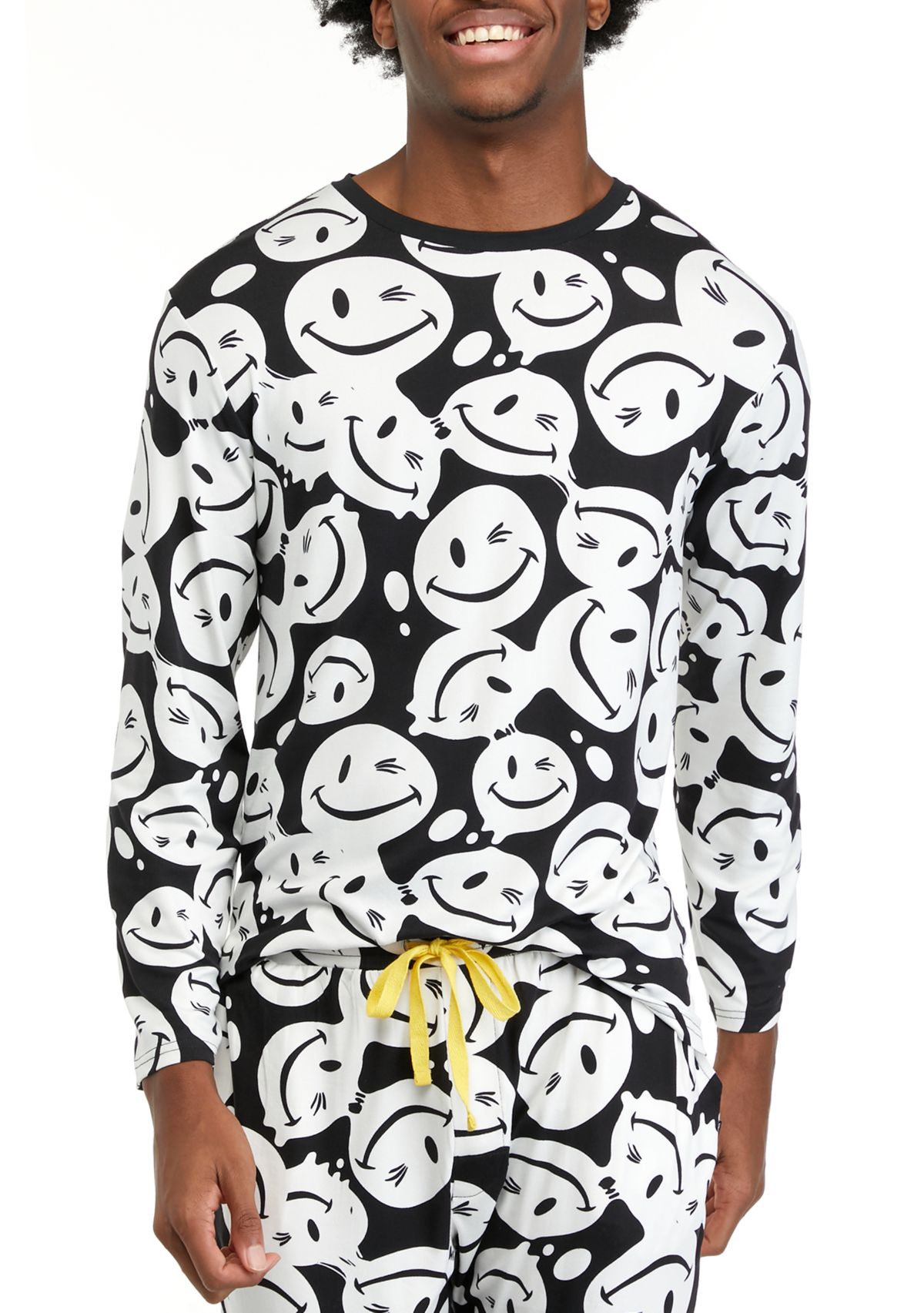 Mens Long Sleeve Sueded Printed Crew Neck Pajama Top