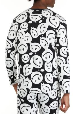 Men's Long Sleeve Sueded Printed Crew Neck Pajama Top