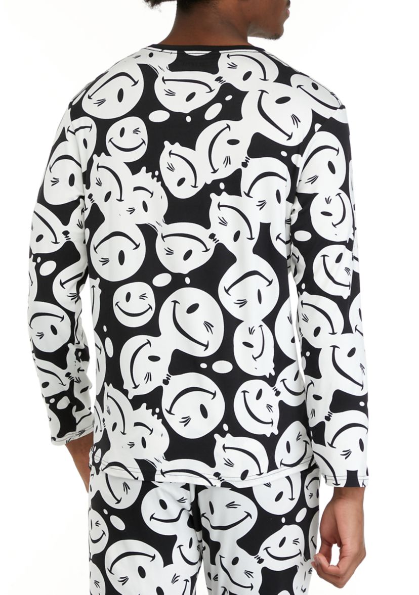 Mens Long Sleeve Sueded Printed Crew Neck Pajama Top