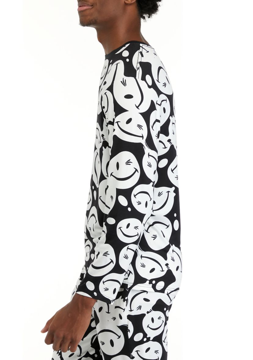 Mens Long Sleeve Sueded Printed Crew Neck Pajama Top