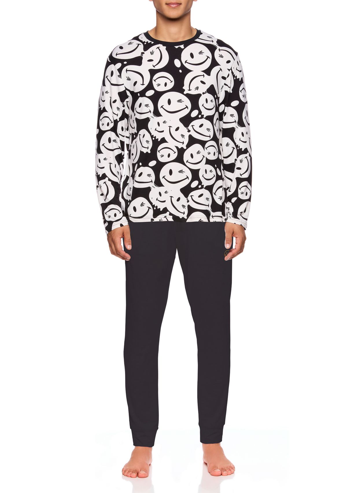 Mens Long Sleeve Sueded Printed Crew Neck Pajama Top