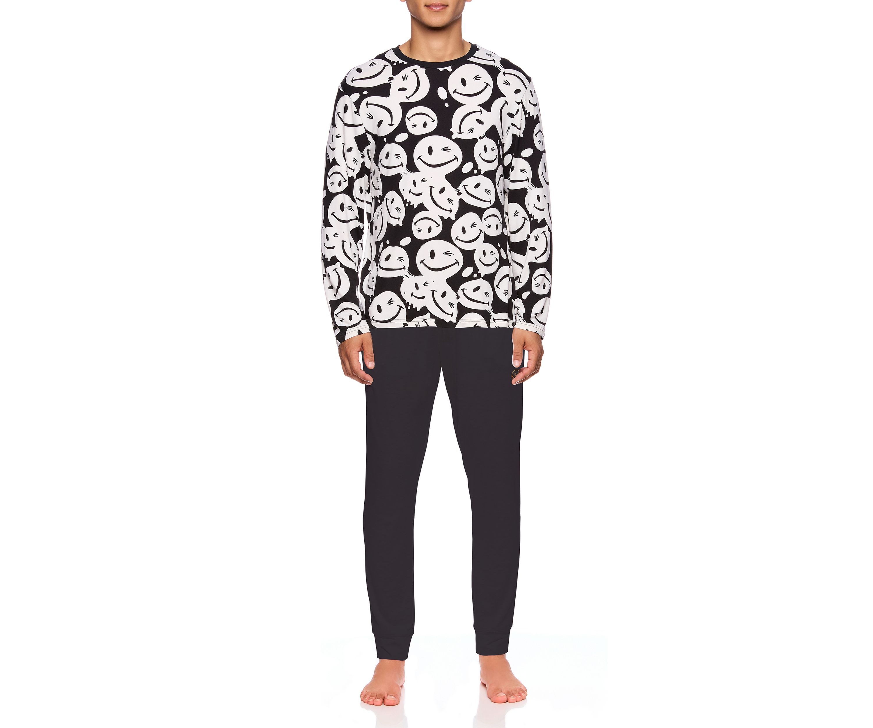 Mens Long Sleeve Sueded Printed Crew Neck Pajama Top
