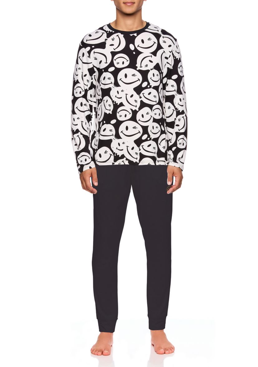 Mens Long Sleeve Sueded Printed Crew Neck Pajama Top