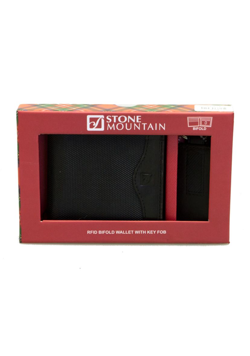 Mens 2 Piece Nylon and Leather Wallet and Keyfob Gift Set