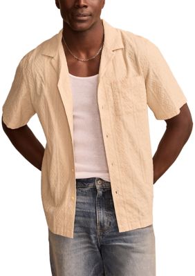 Lucky Brand Men's Short Sleeve Eyelet Camp Collar Button Down Shirt