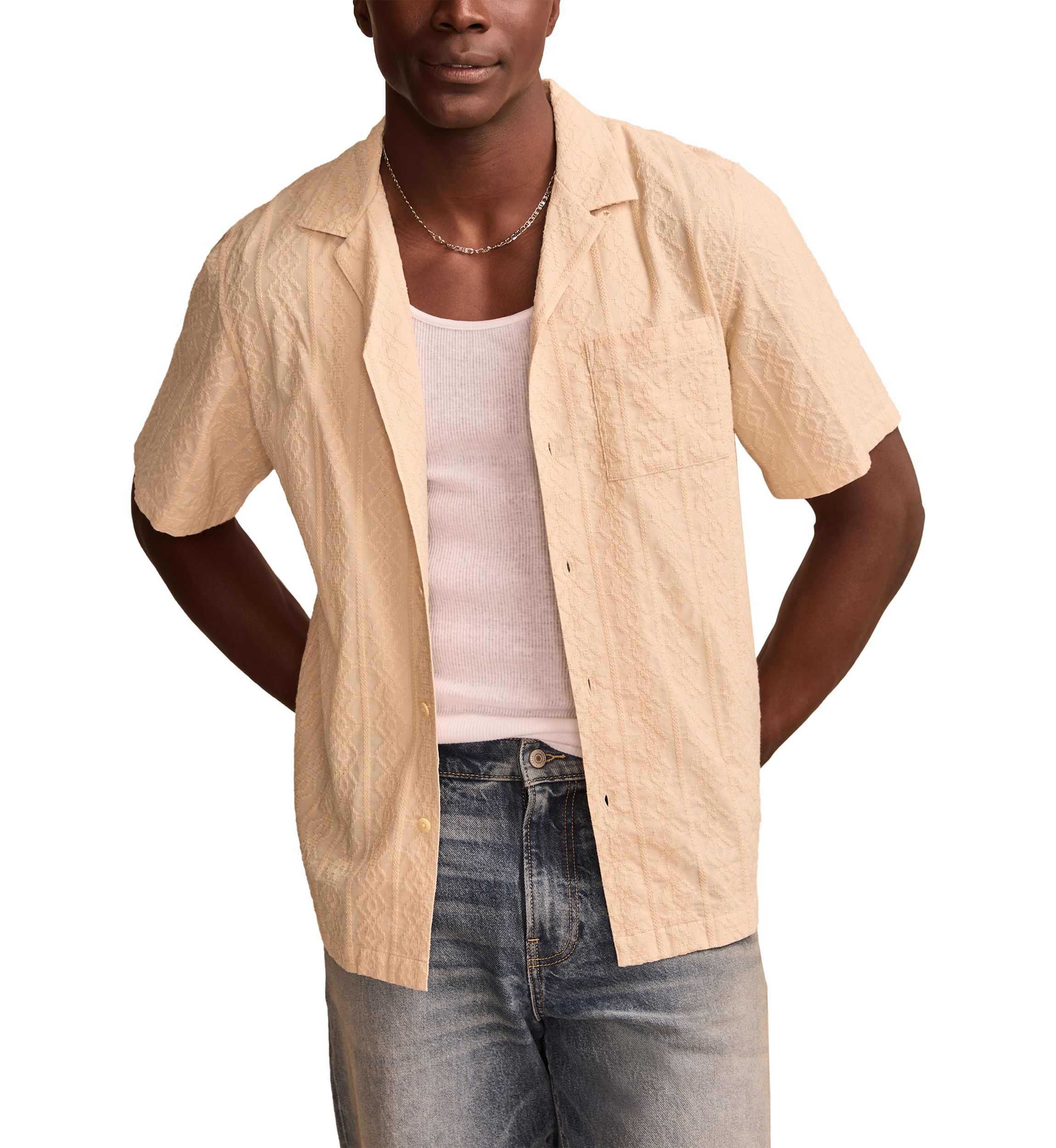 Short Sleeve Eyelet Camp Collar Button Down Shirt