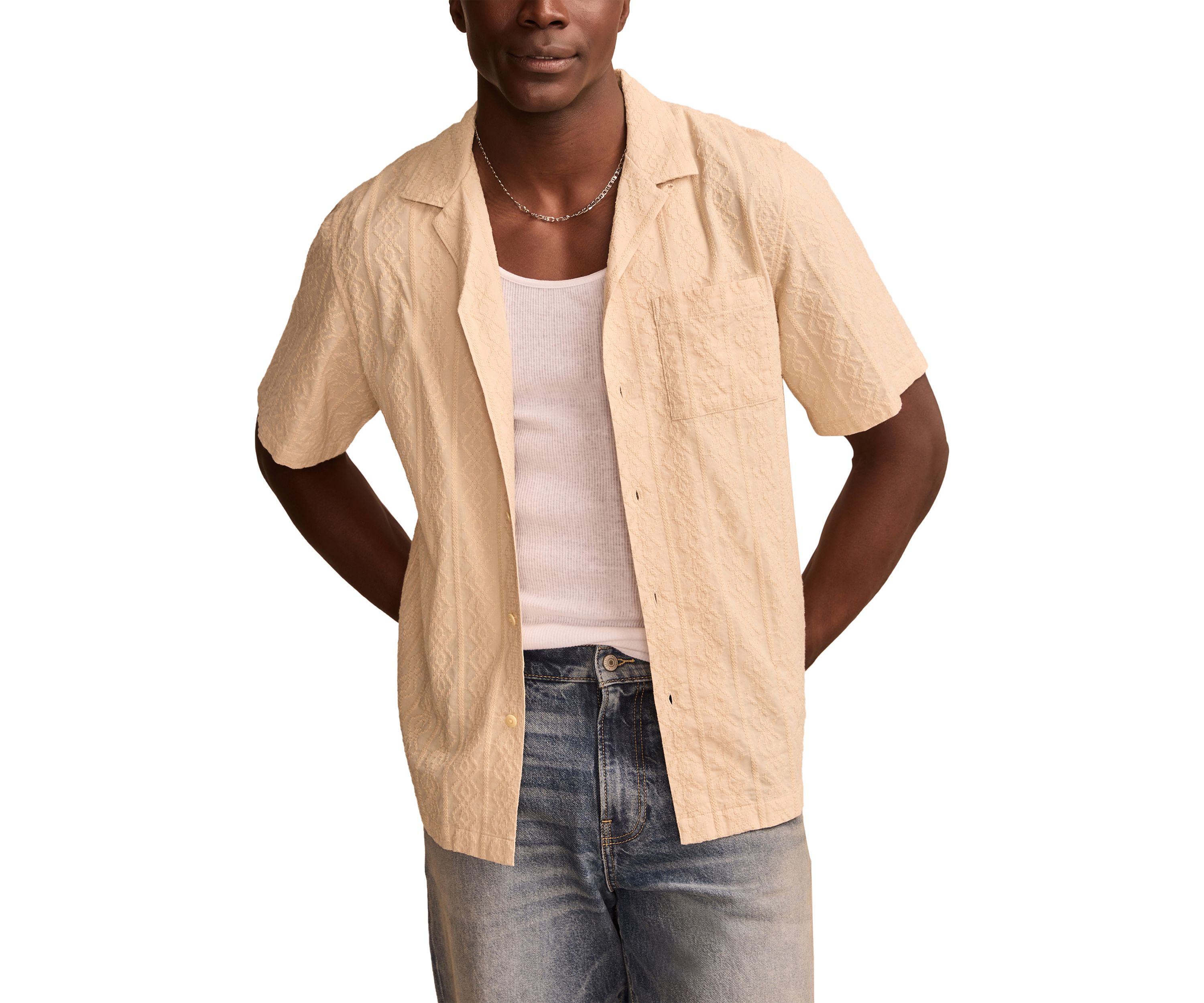 Short Sleeve Eyelet Camp Collar Button Down Shirt
