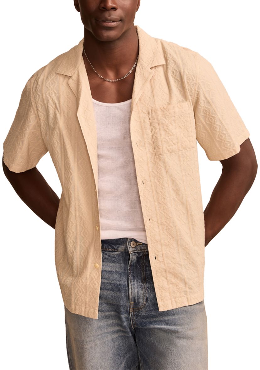 Short Sleeve Eyelet Camp Collar Button Down Shirt