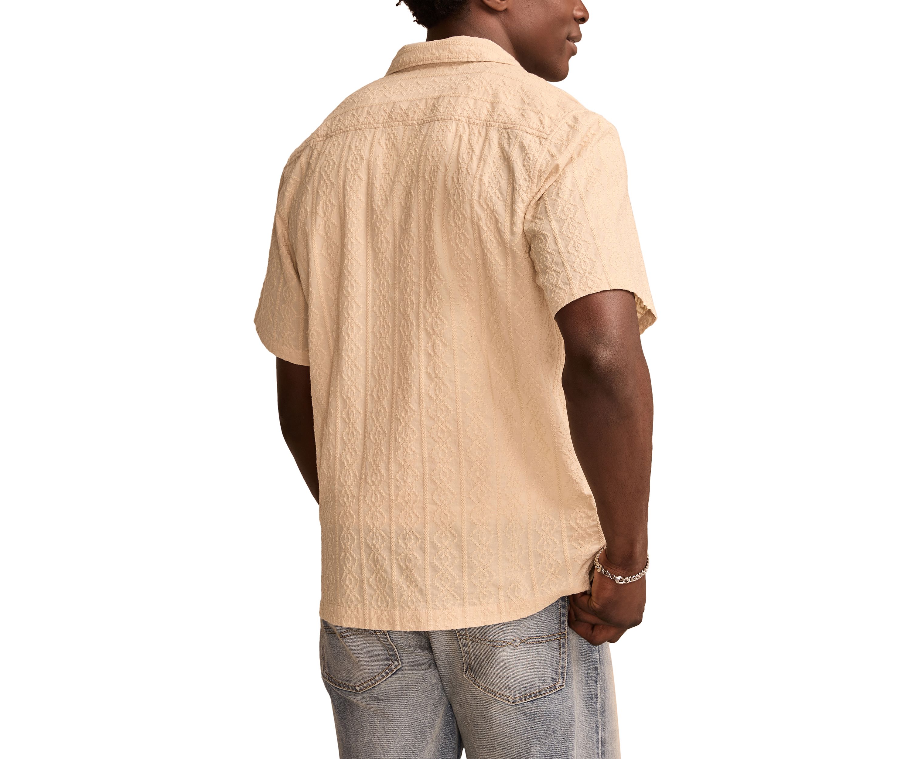 Short Sleeve Eyelet Camp Collar Button Down Shirt