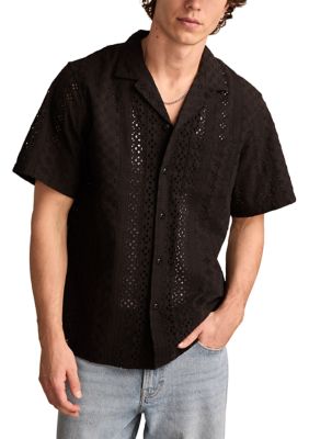 Lucky Brand Men's Short Sleeve Eyelet Camp Collar Shirt, Medium