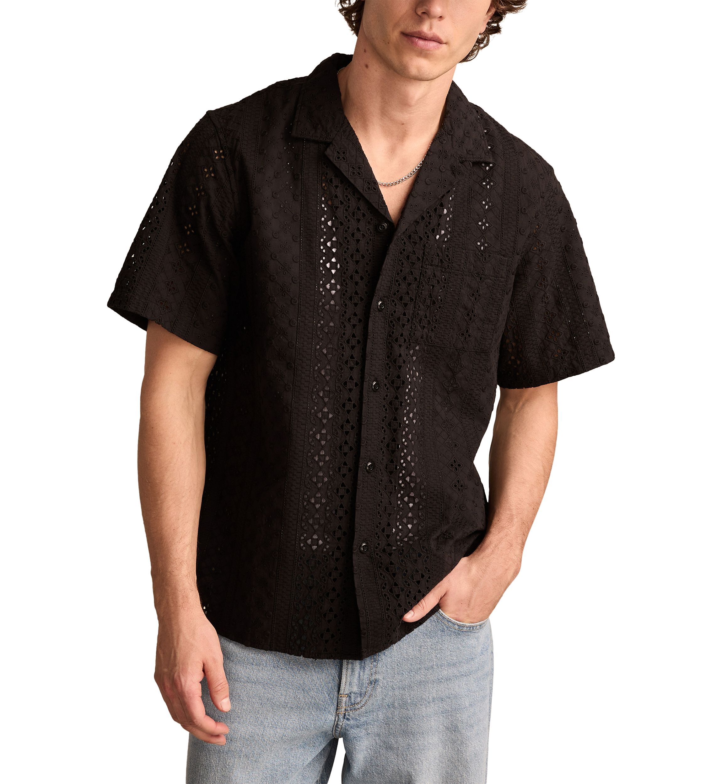 Short Sleeve Eyelet Camp Collar Shirt