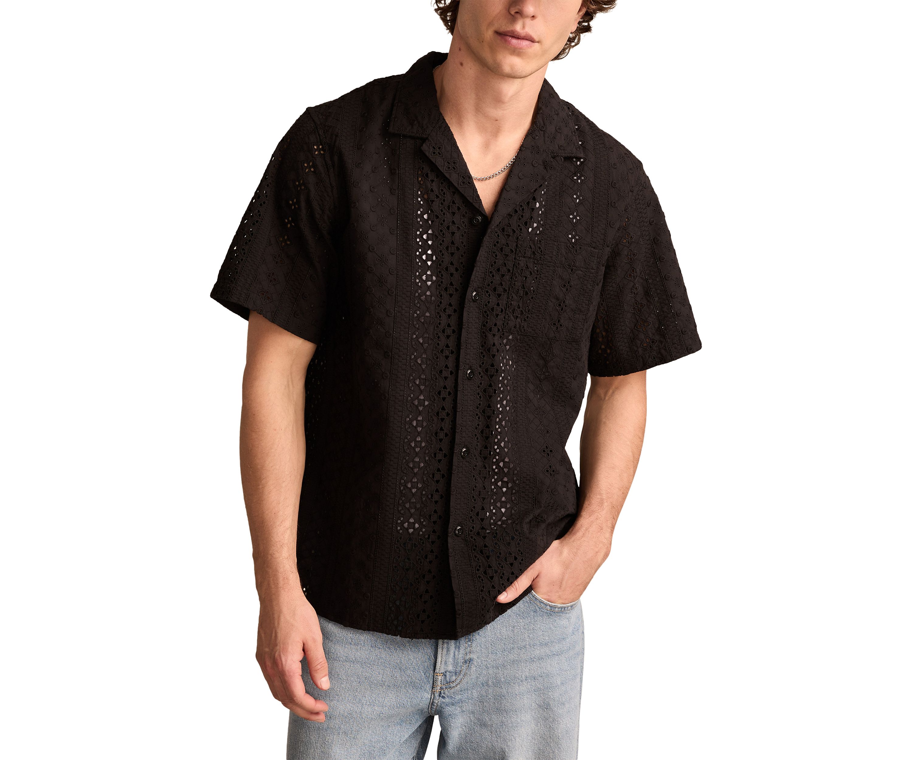 Short Sleeve Eyelet Camp Collar Shirt