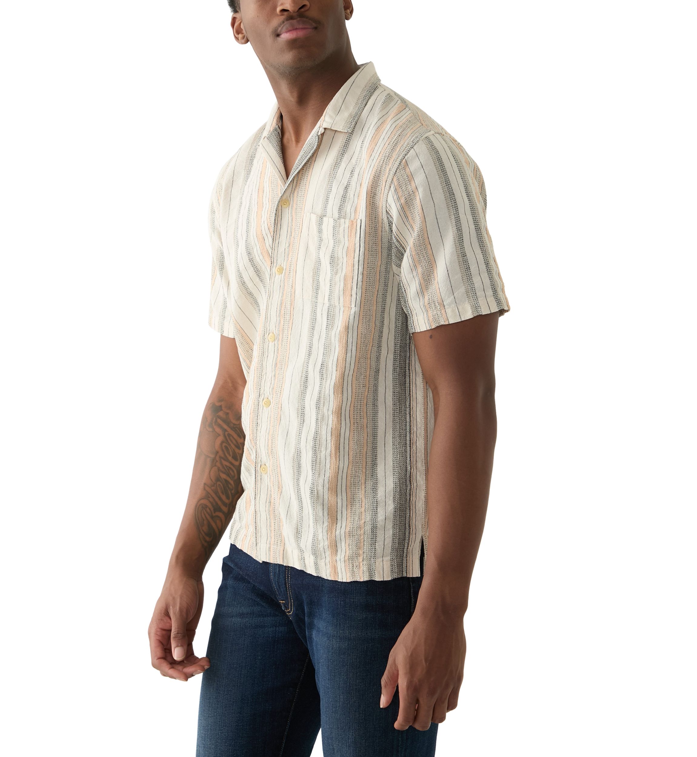 Striped Short Sleeve Camp Collar Shirt