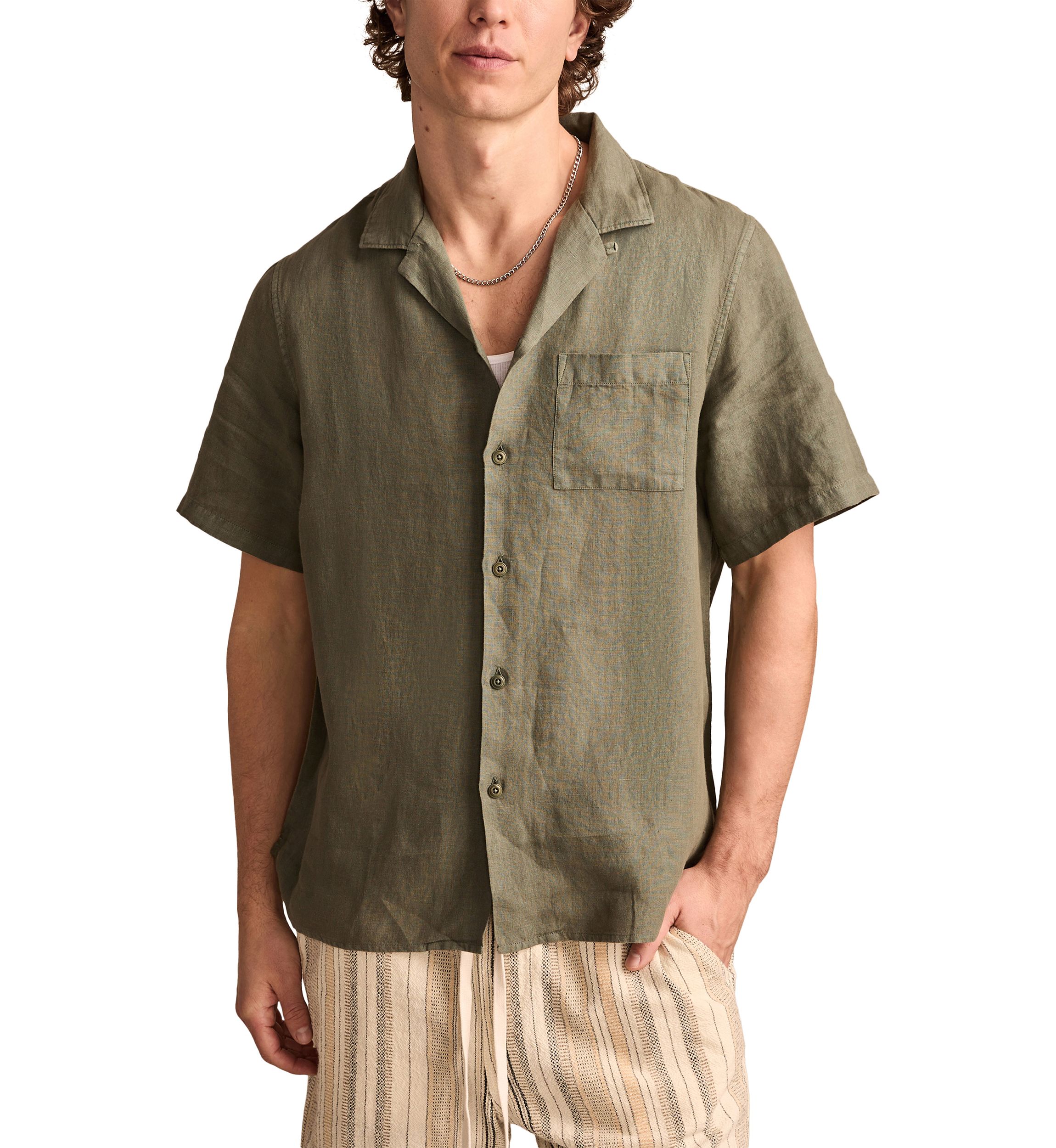 Mens Short Sleeve Linen Camp Collar Shirt