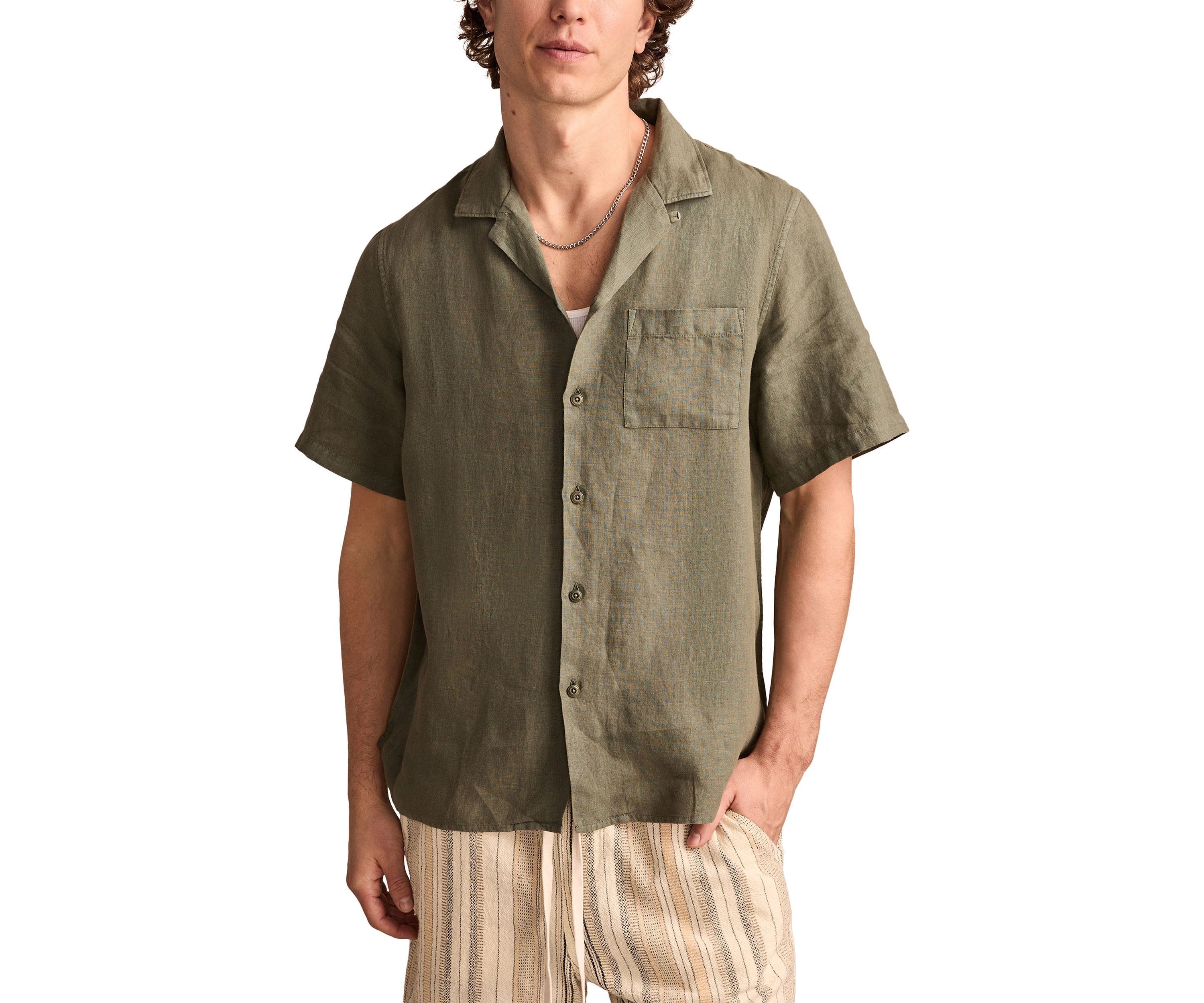 Mens Short Sleeve Linen Camp Collar Shirt