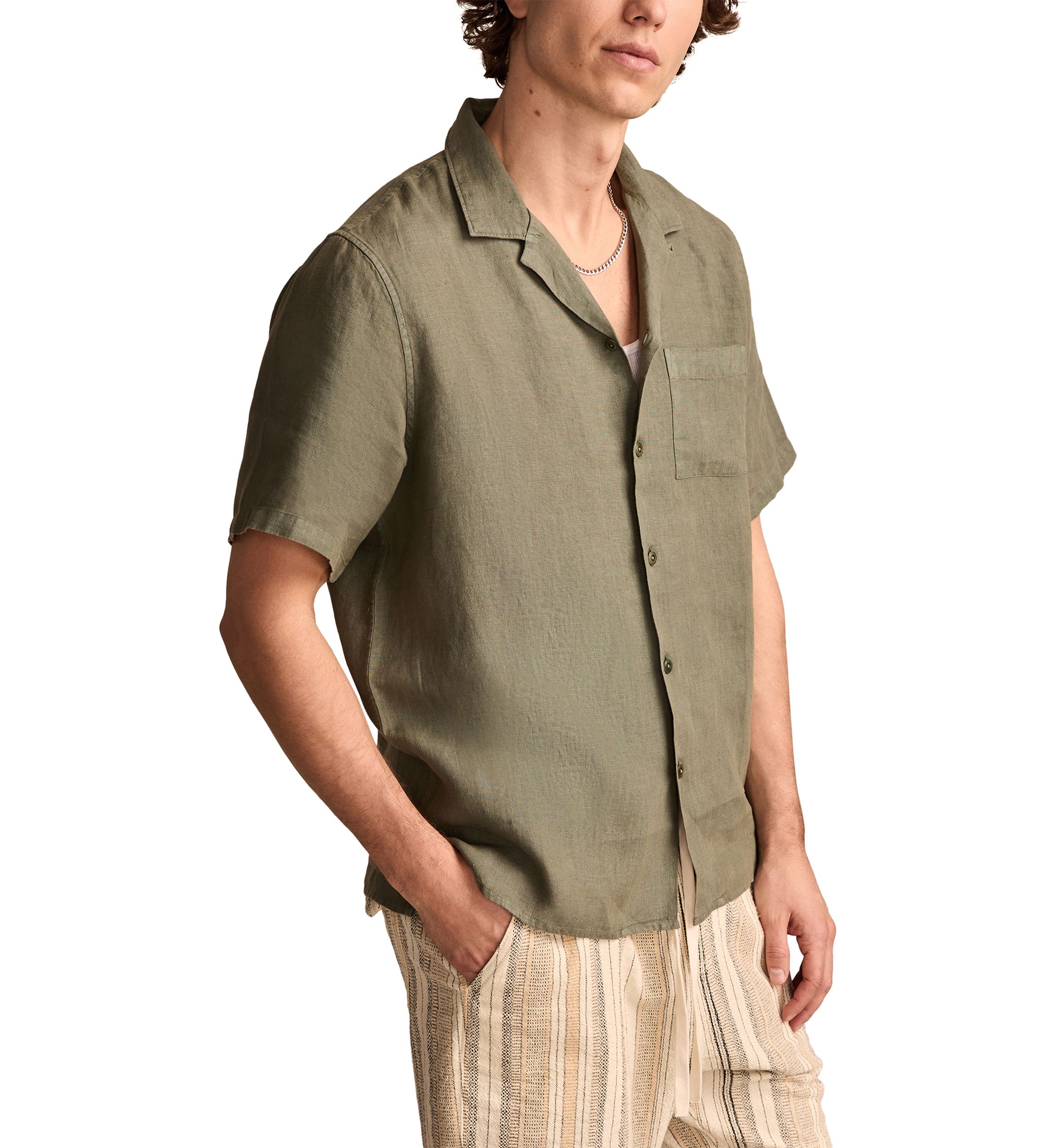 Mens Short Sleeve Linen Camp Collar Shirt
