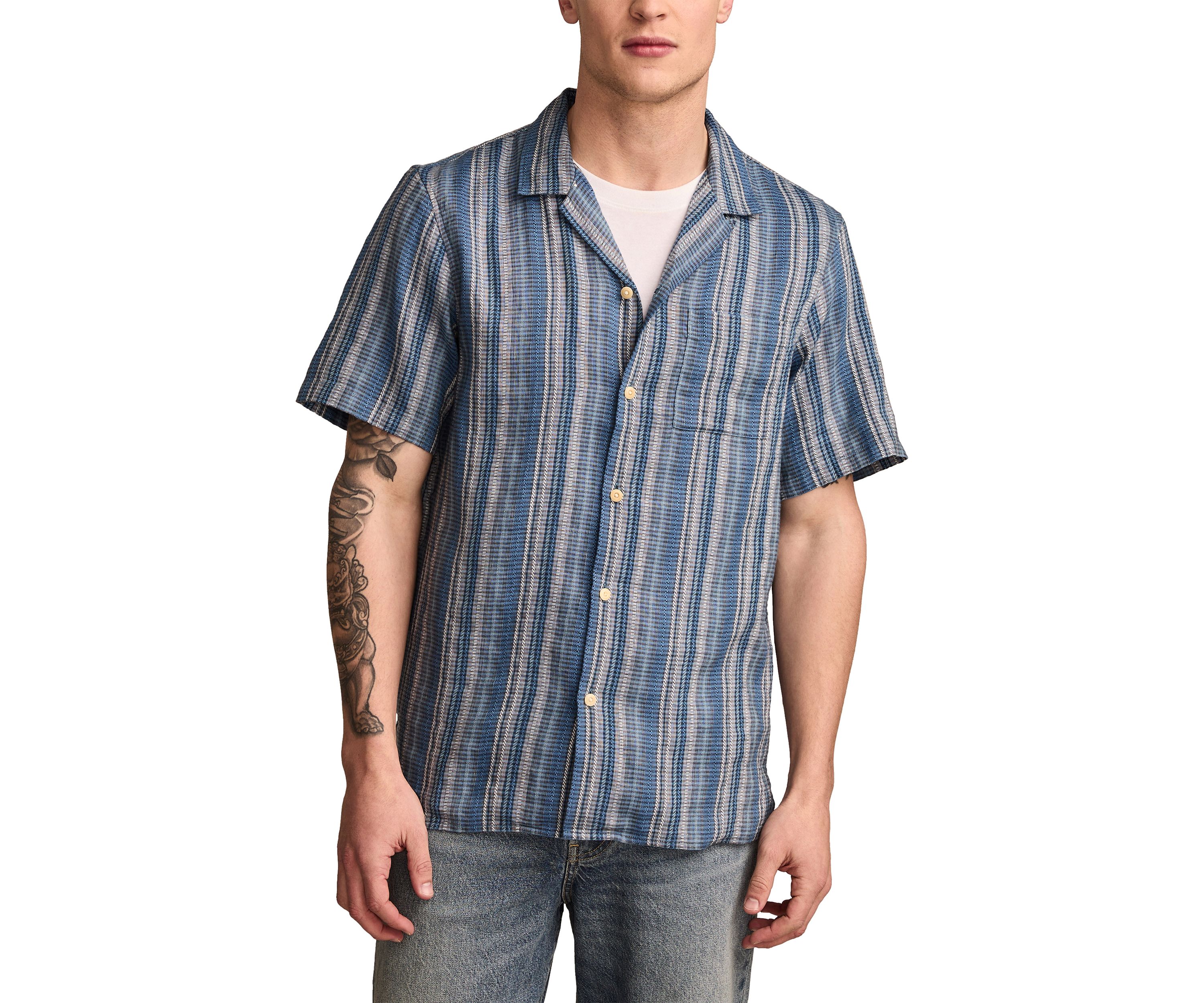 Short Sleeve Stripe Linen Camp Collar Button Down Shirt