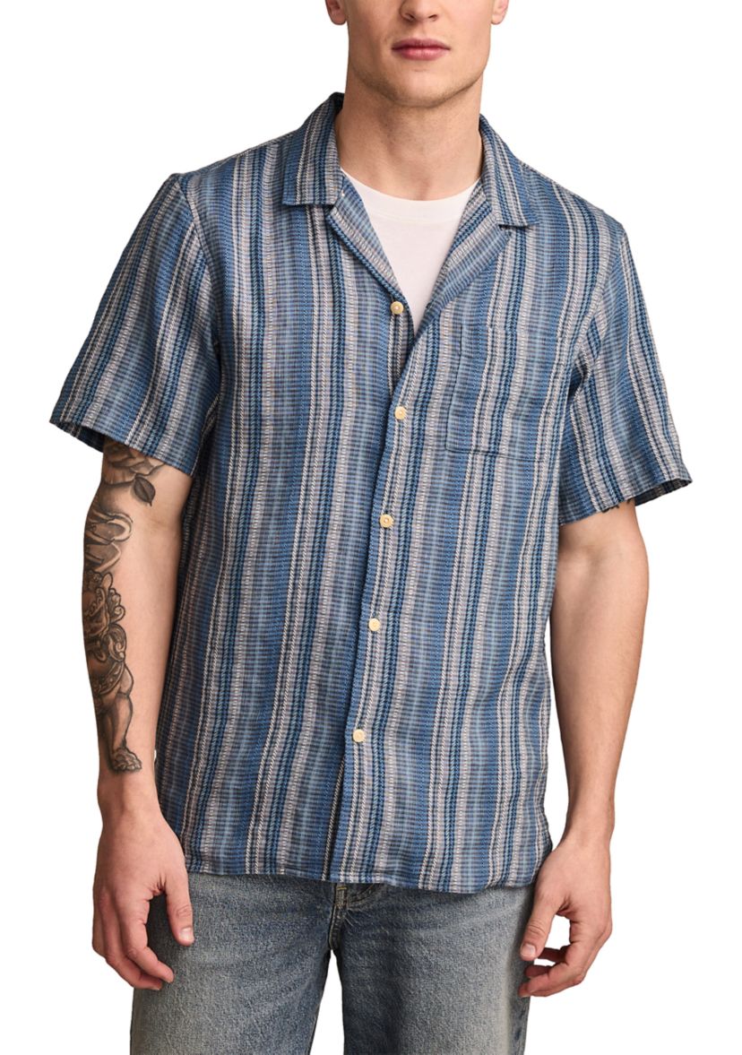 Short Sleeve Stripe Linen Camp Collar Button Down Shirt