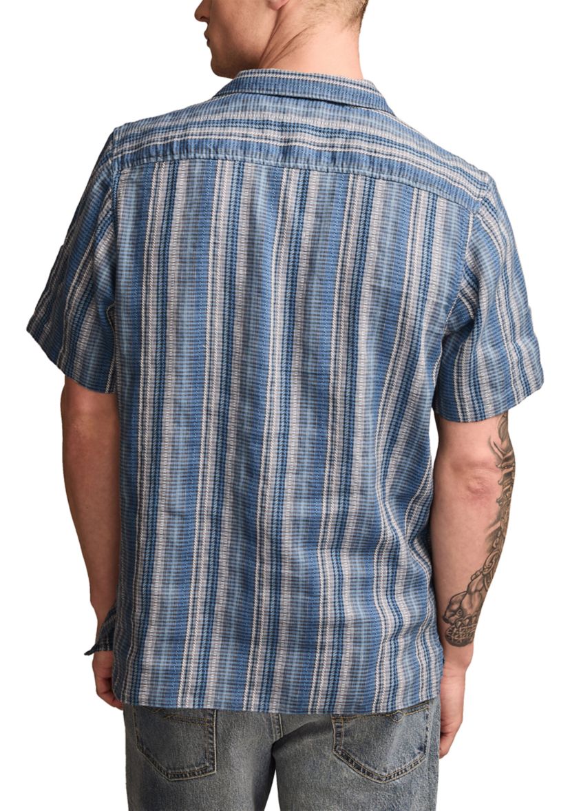Short Sleeve Stripe Linen Camp Collar Button Down Shirt