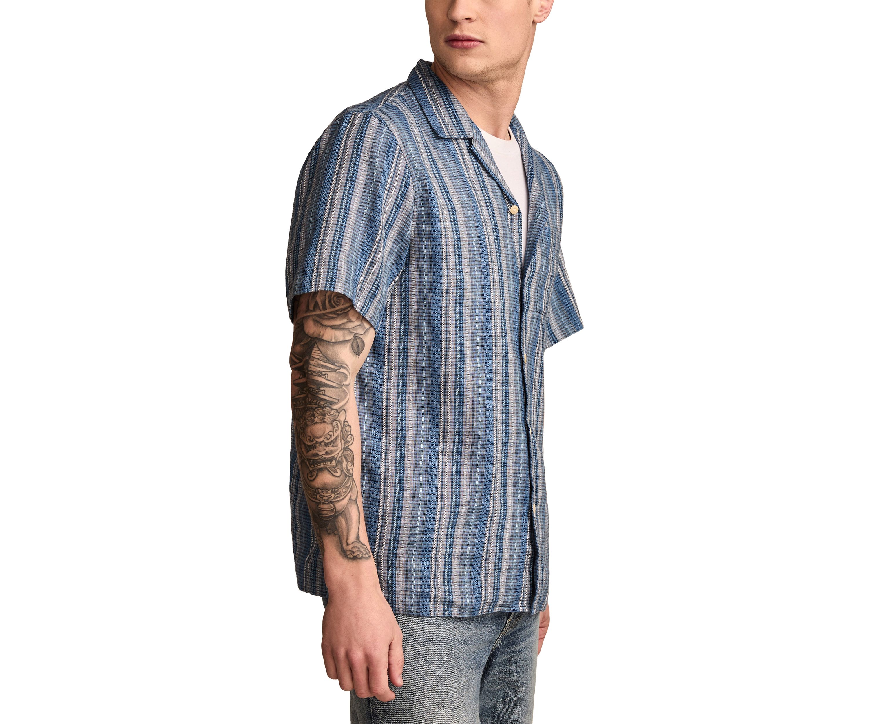 Short Sleeve Stripe Linen Camp Collar Button Down Shirt