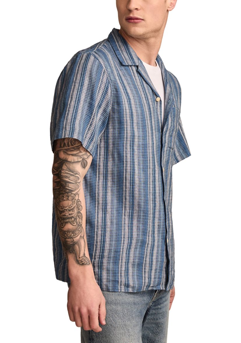 Short Sleeve Stripe Linen Camp Collar Button Down Shirt