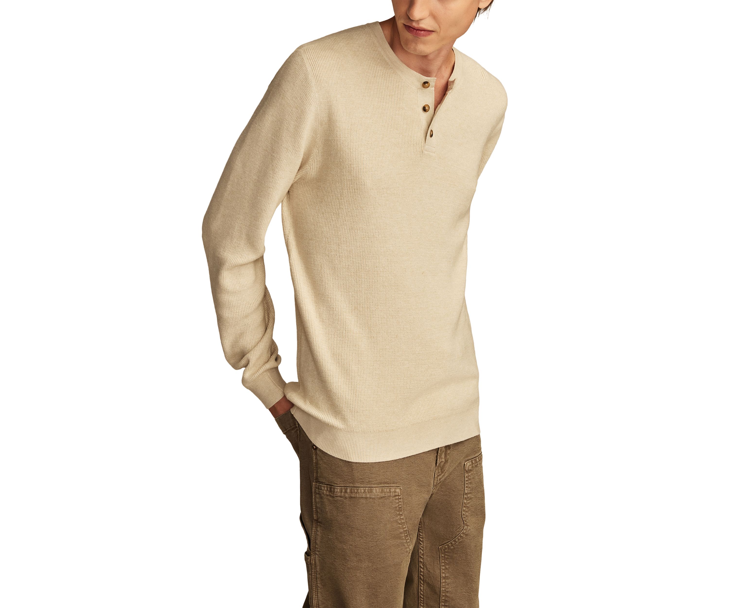 Shaker Rib Long Sleeve Henley Neck Sweater
