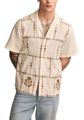 Lucky Brand Men's Floral Embroidered Camp Collar Short Sleeve Shirt
