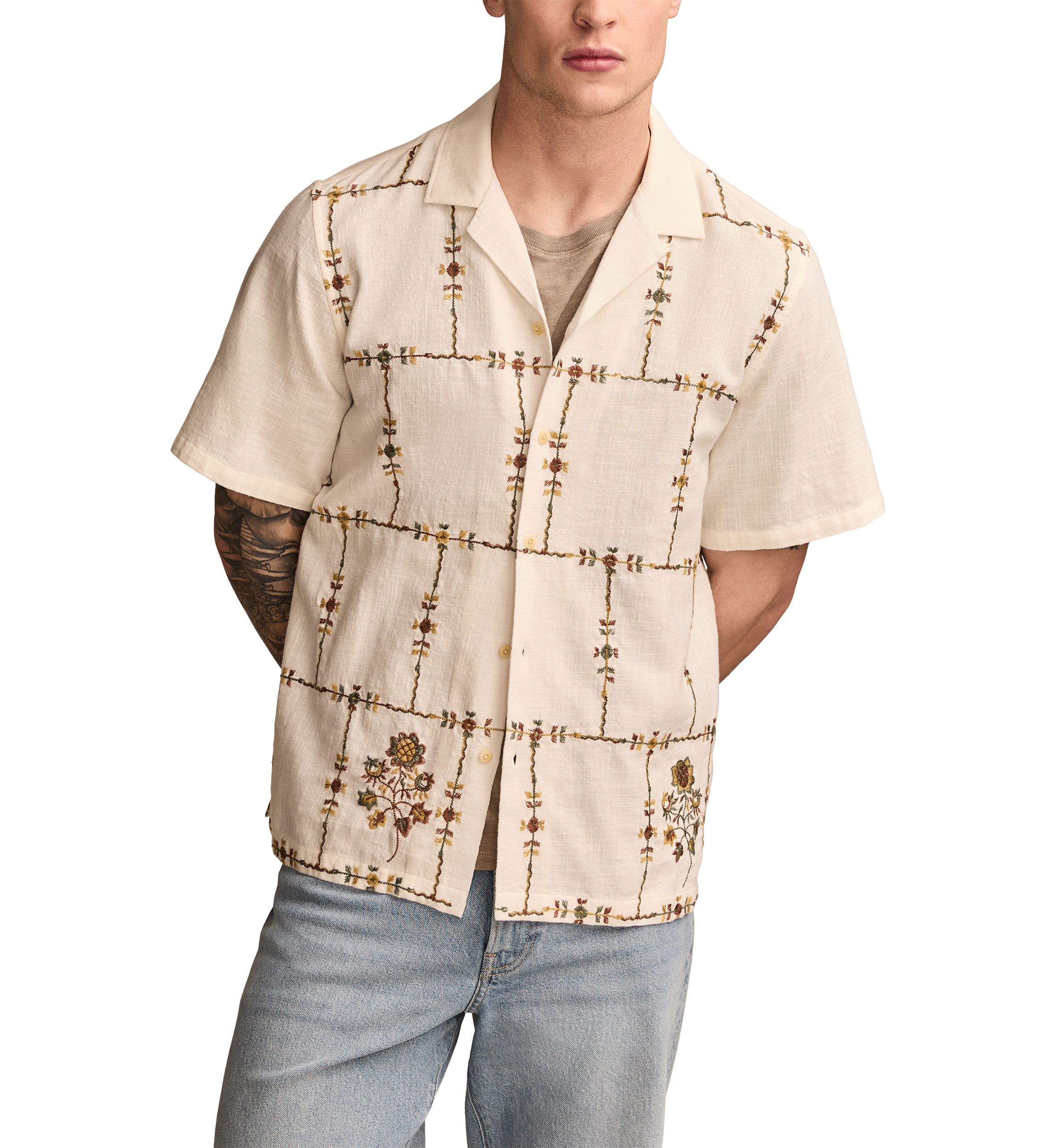 Floral Embroidered Camp Collar Short Sleeve Shirt 