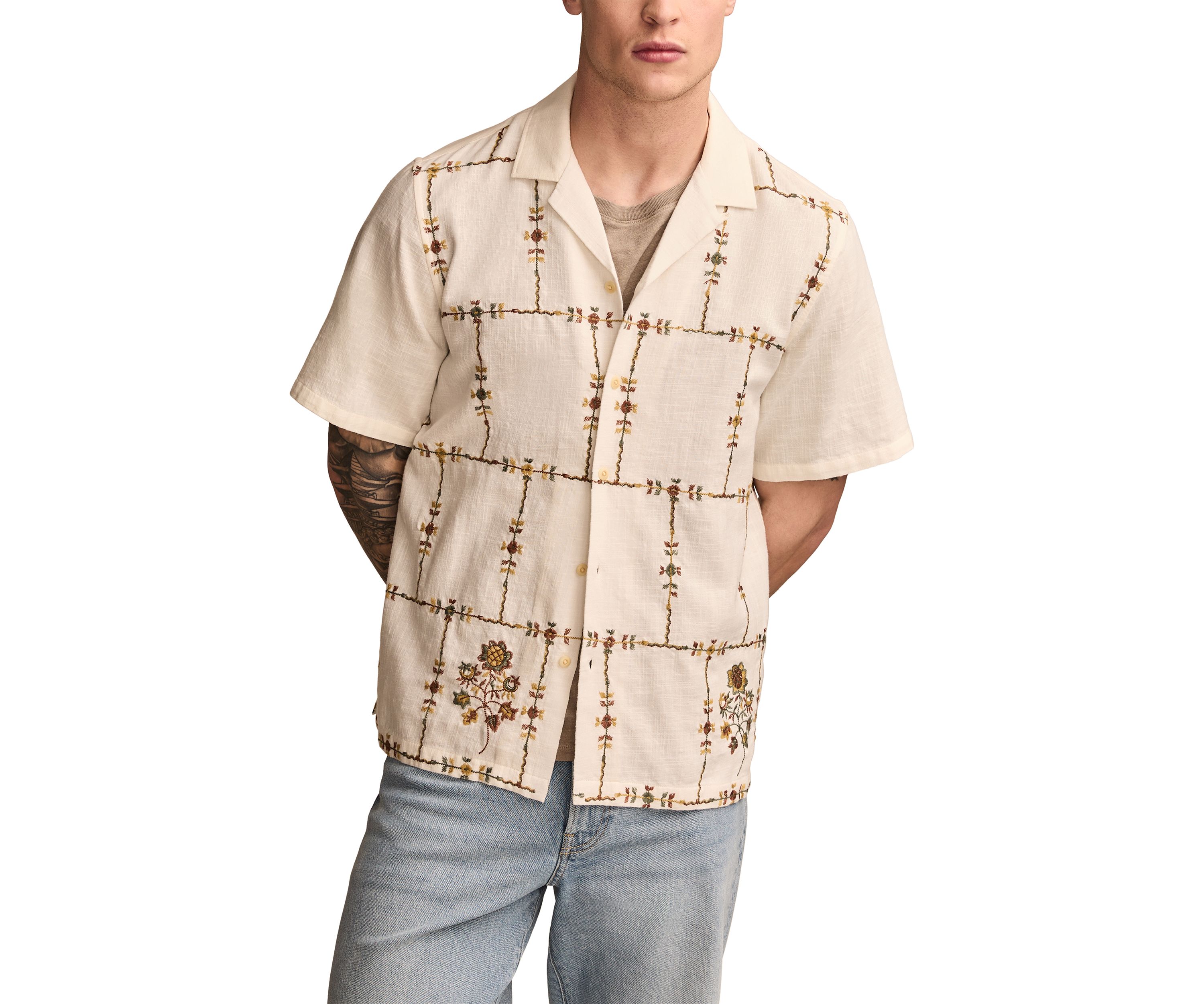 Floral Embroidered Camp Collar Short Sleeve Shirt 