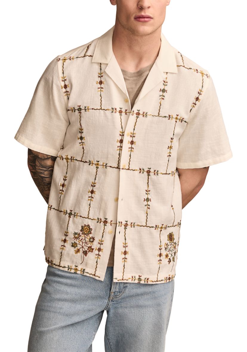 Floral Embroidered Camp Collar Short Sleeve Shirt 
