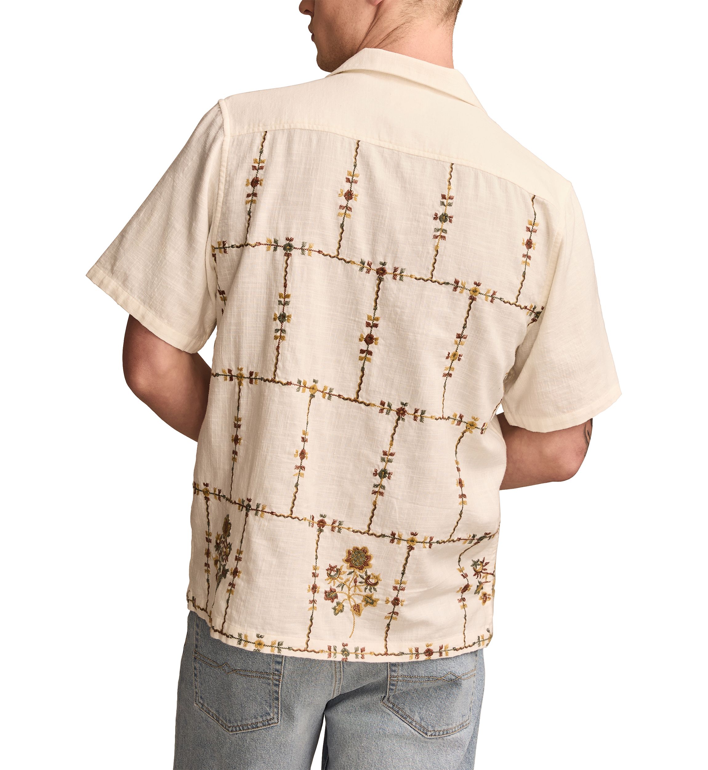 Floral Embroidered Camp Collar Short Sleeve Shirt 